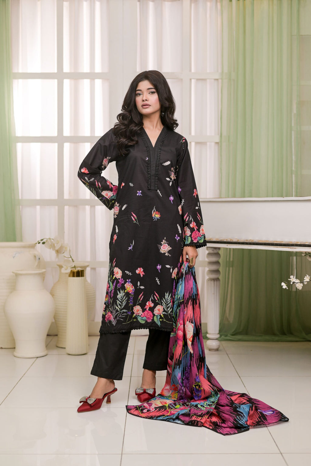 Fit & Fabrics Wear Black Floral Elegance – Premium 3 Piece Lawn Suit Unstiched