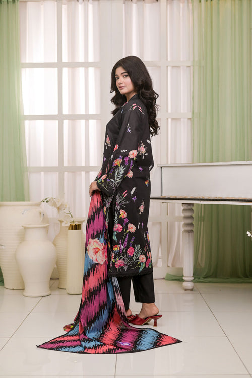 Fit & Fabrics Wear Black Floral Elegance – Premium 3 Piece Lawn Suit Unstiched