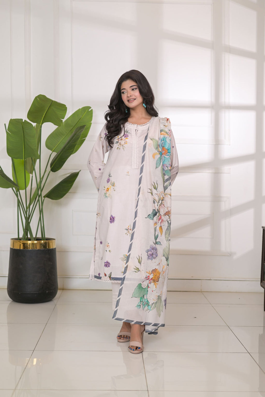 Fit & Fabrics Wear Floral Harmony – White 3 Piece Lawn Suit Unstitched
