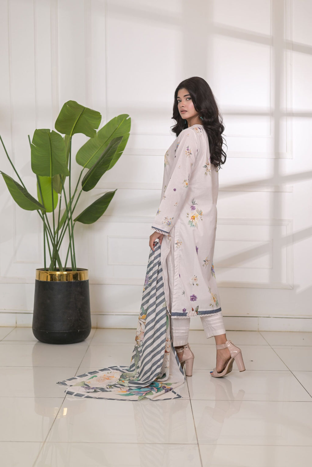Fit & Fabrics Wear Floral Harmony – White 3 Piece Lawn Suit Unstitched