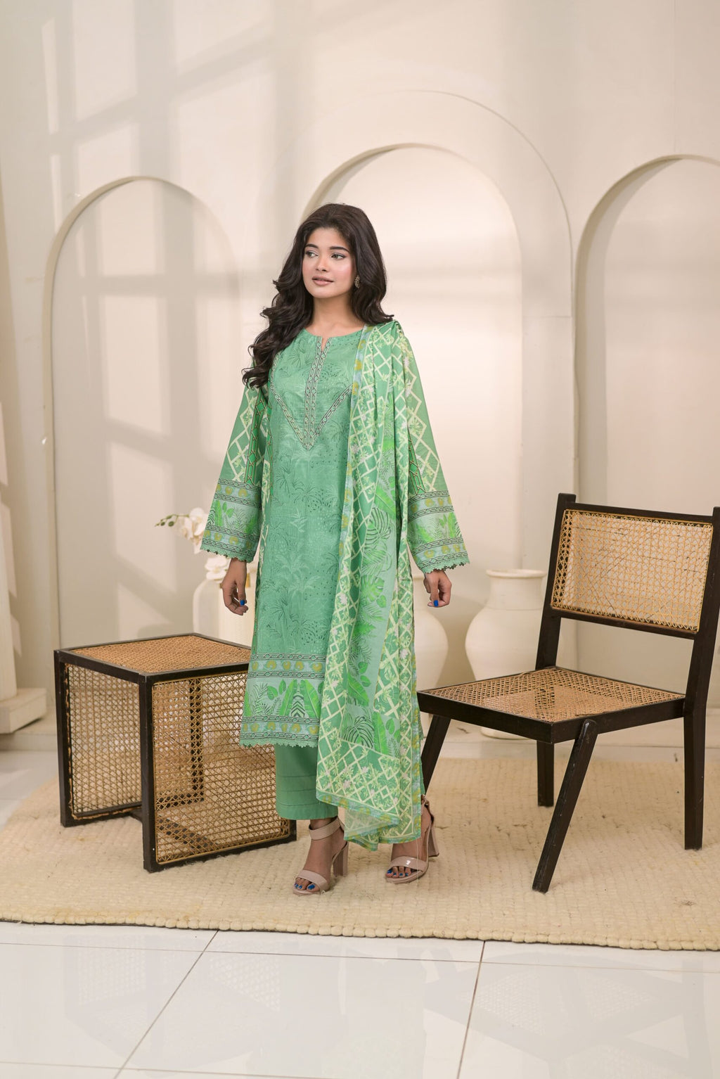 Fit & Fabrics Wear Parrot Green – Premium 3 Piece Lawn Suit Unstitched