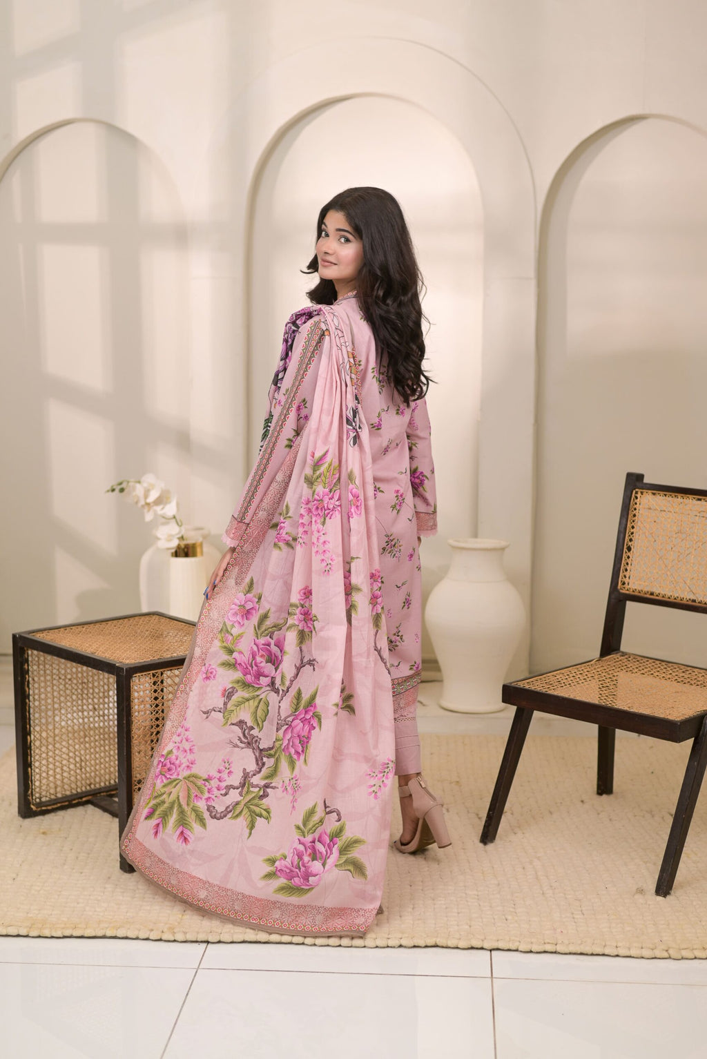 Fit & Fabrics Wear Soft Pink Charm – Floral 3 Piece Suit Unstiched