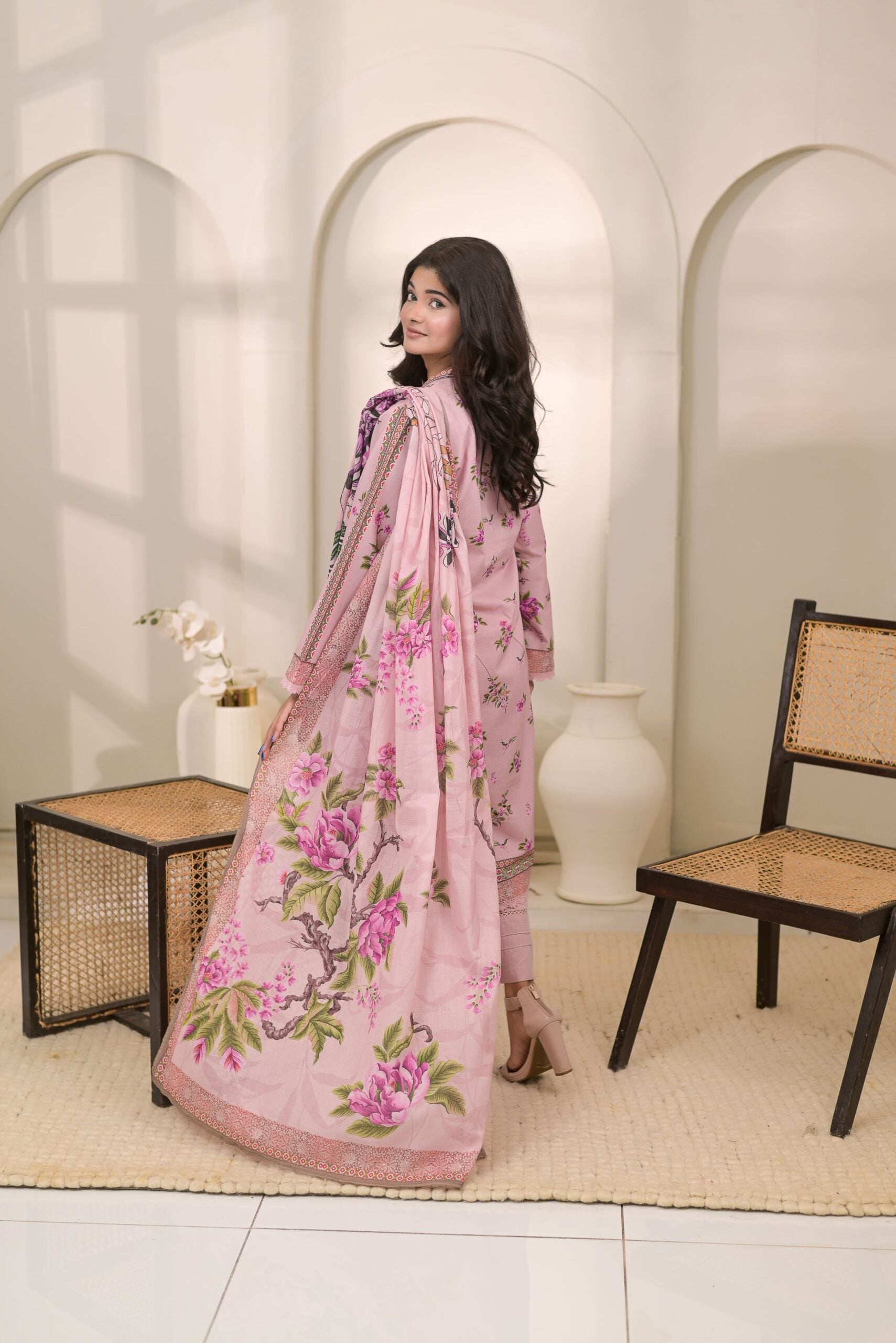 Fit & Fabrics Wear Soft Pink Charm – Floral 3 Piece Suit Unstiched