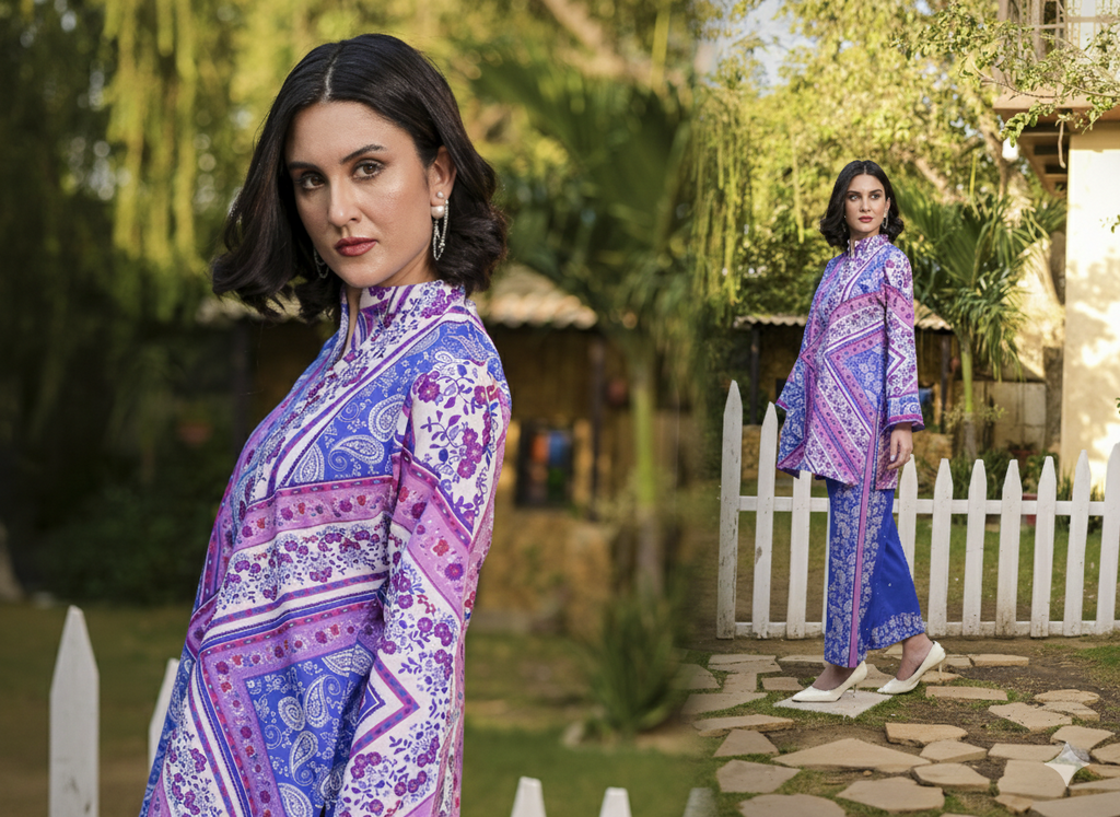 Fit & Fabrics Wear Digital Blossom – Pink & Purple 2 Piece Suit