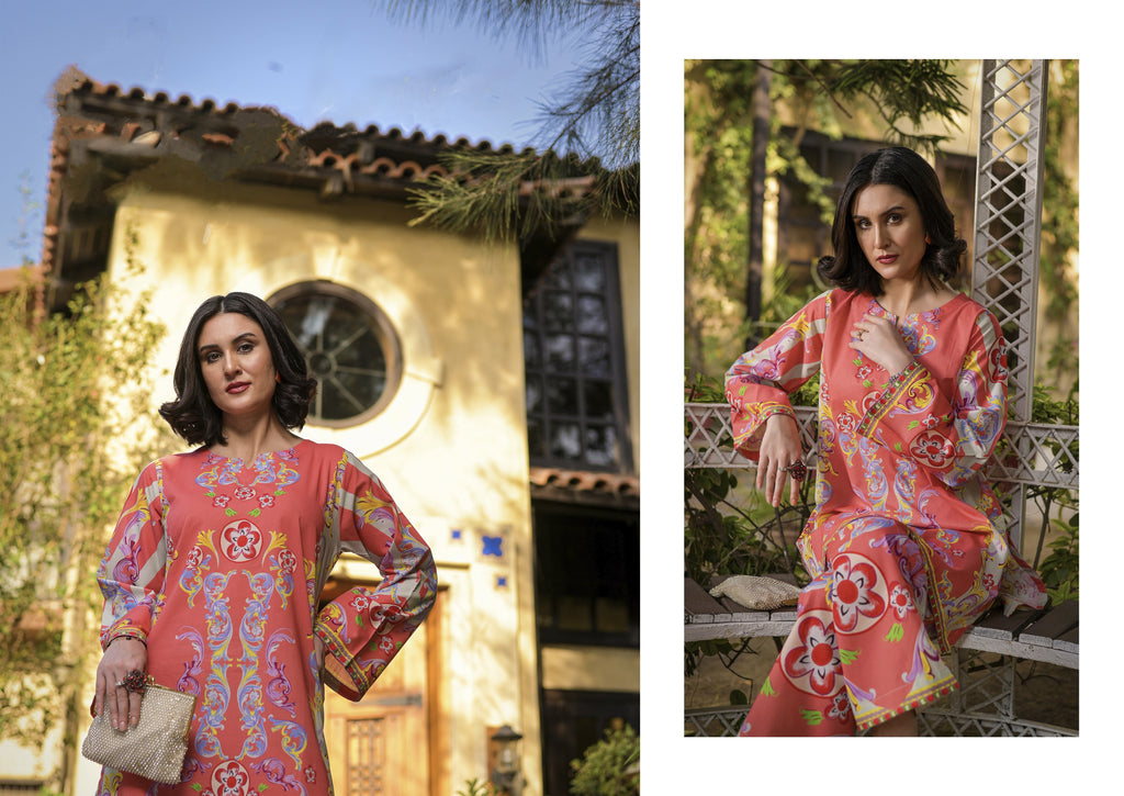 Fit & Fabrics Wear Pastel Harmony – Pink with Blue & Pink Print 2 Piece Suit