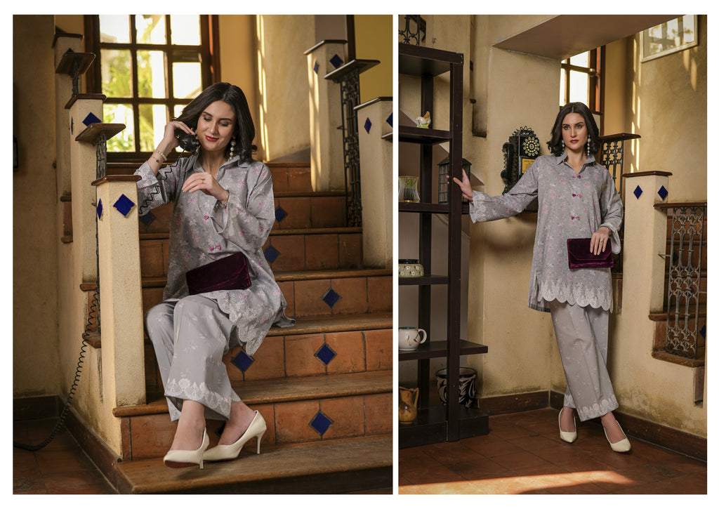 Fit & Fabrics Wear Mini Floral Charm – Grey 2 Piece Lawn Suit