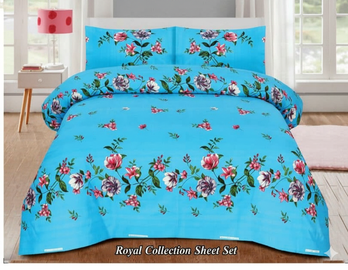 Azure Blossom – Floral King Bedsheet Set