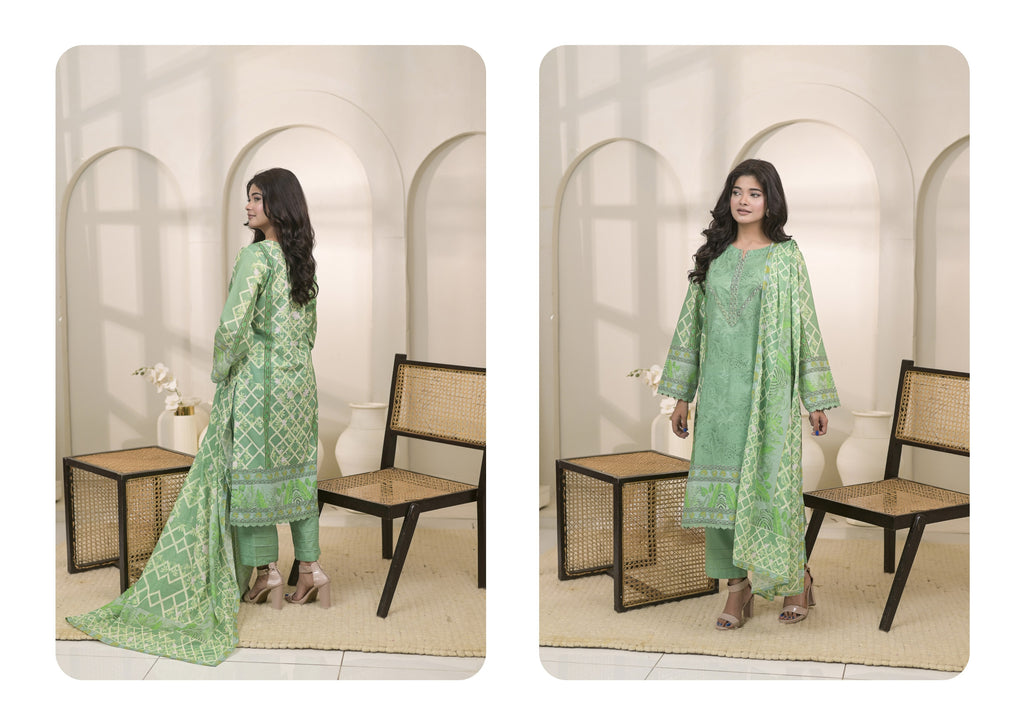 Fit & Fabrics Wear Parrot Green – Premium 3 Piece Lawn Suit