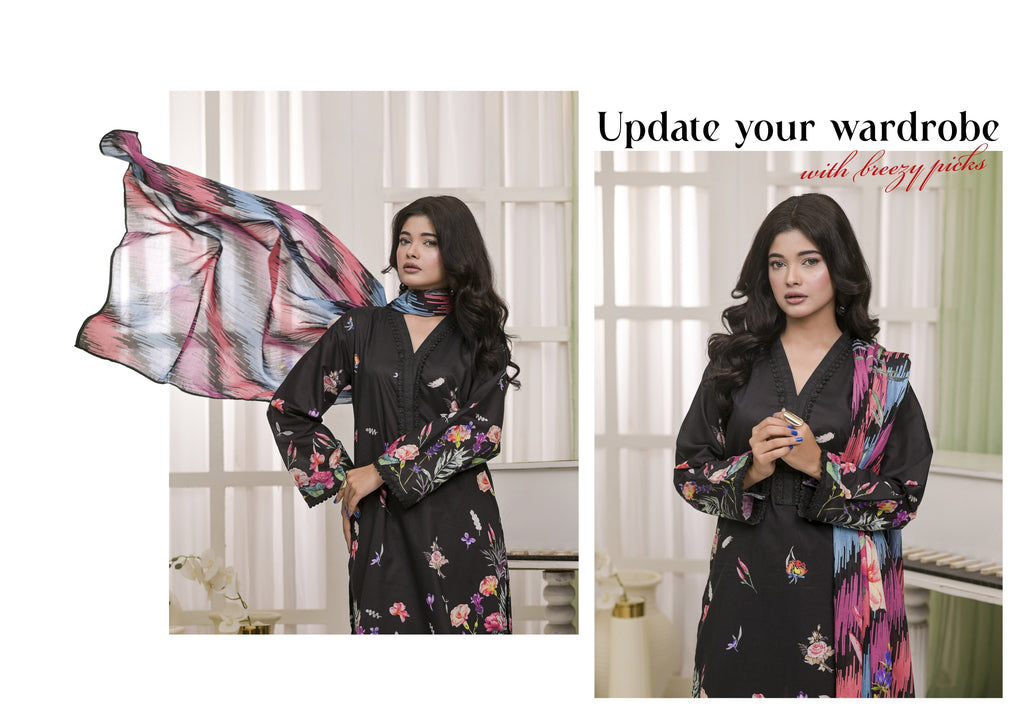 Fit & Fabrics Wear Black Floral Elegance – Premium 3 Piece Lawn Suit