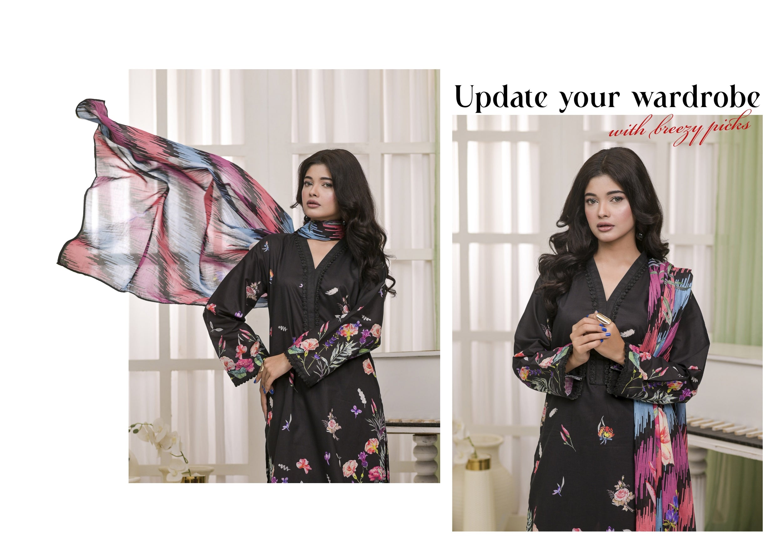 Fit & Fabrics Wear Black Floral Elegance – Premium 3 Piece Lawn Suit