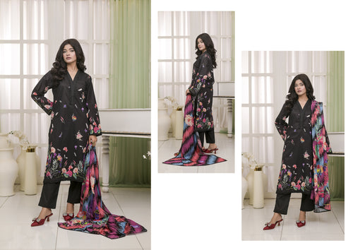 Fit & Fabrics Wear Black Floral Elegance – Premium 3 Piece Lawn Suit