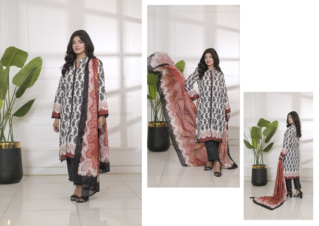 Fit & Fabrics Wear Crimson Accent – White Lawn 3 Piece Suit