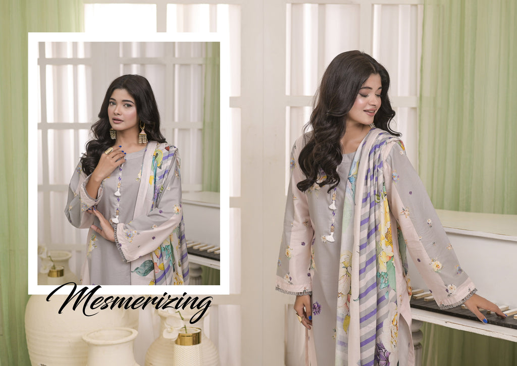 Fit & Fabrics Wear Grey-Pink Blossom – Premium 3 Piece Lawn Suit