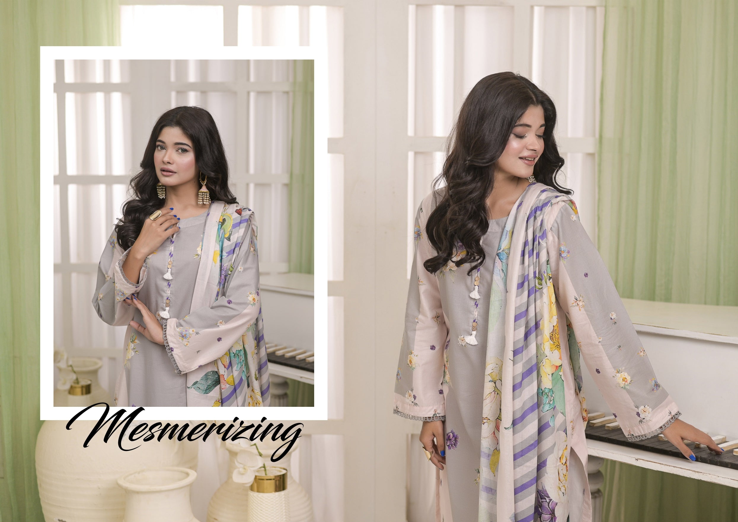 Fit & Fabrics Wear Grey-Pink Blossom – Premium 3 Piece Lawn Suit