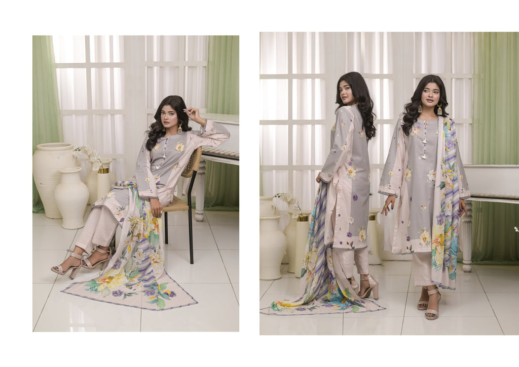 Fit & Fabrics Wear Grey-Pink Blossom – Premium 3 Piece Lawn Suit