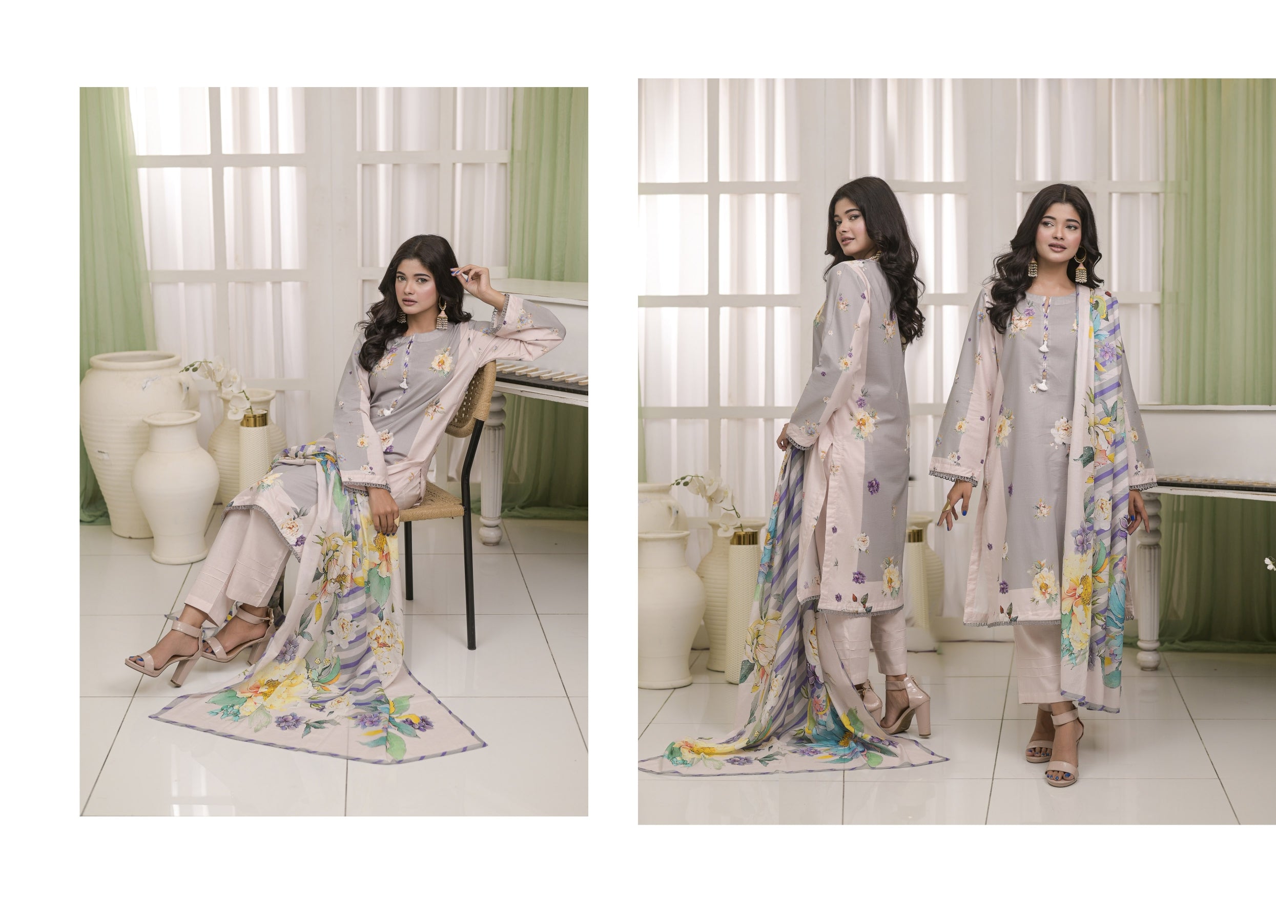 Fit & Fabrics Wear Grey-Pink Blossom – Premium 3 Piece Lawn Suit