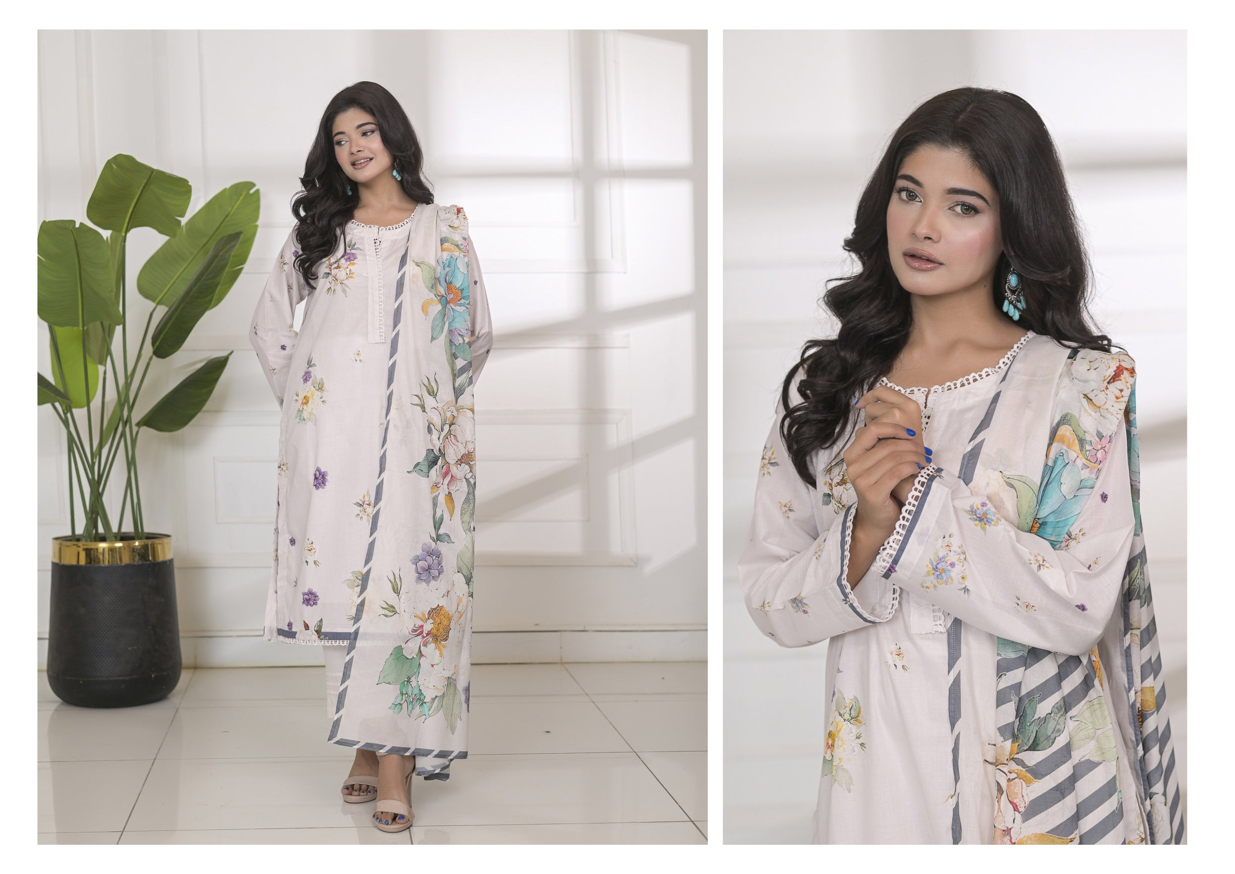 Fit & Fabrics Wear Floral Harmony – White 3 Piece Lawn Suit