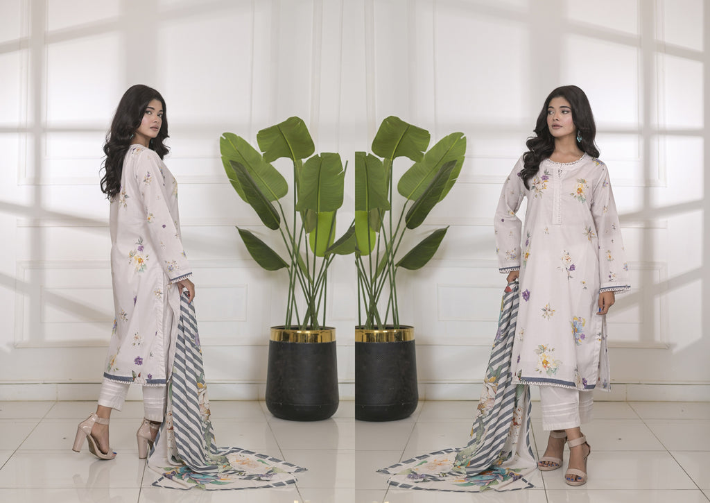 Fit & Fabrics Wear Floral Harmony – White 3 Piece Lawn Suit