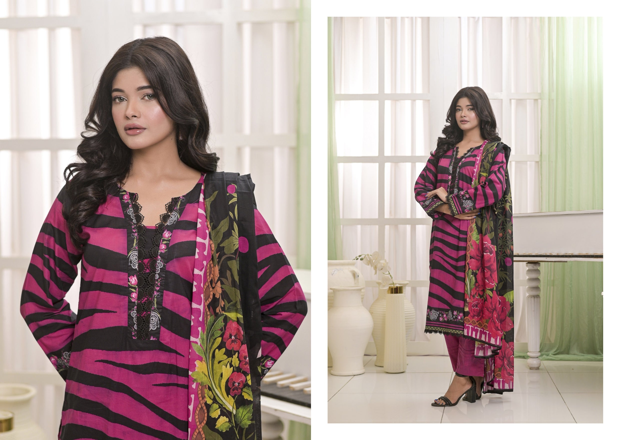 Fit & Fabrics Wear Black & Pink Elegance – Printed Dupatta 3 Piece Suit