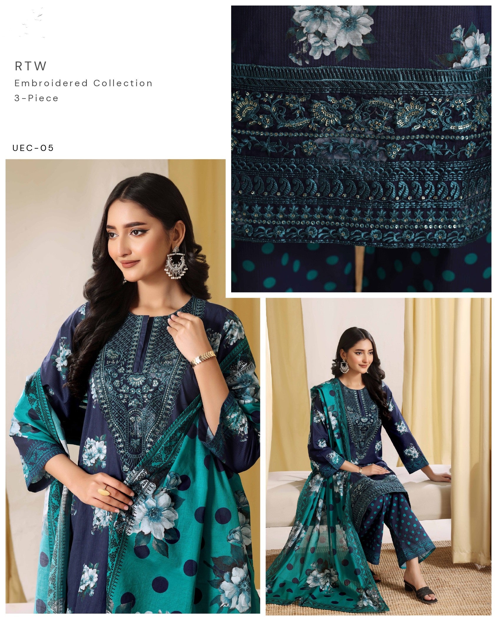 Teal Harmony Embroidered 3-Piece Suit