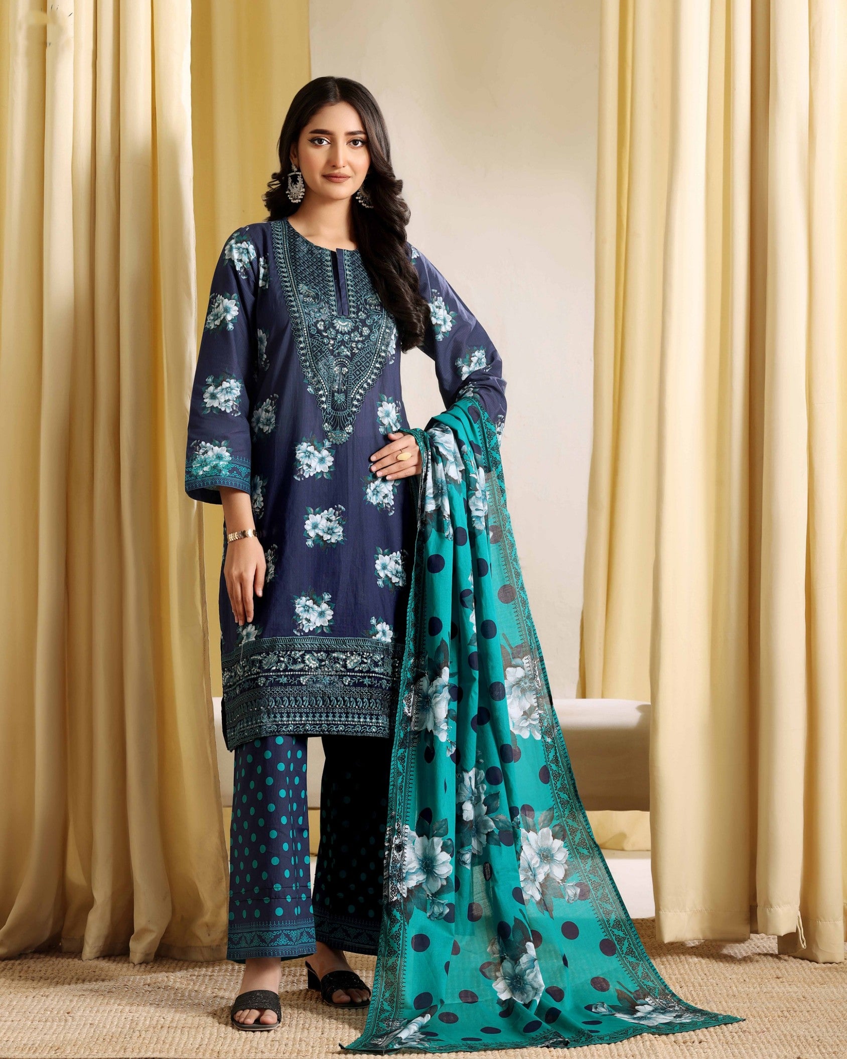 Teal Harmony Embroidered 3-Piece Suit