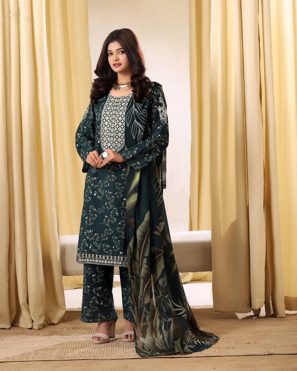 Teal Elegance Embroidered 3-Piece Suit