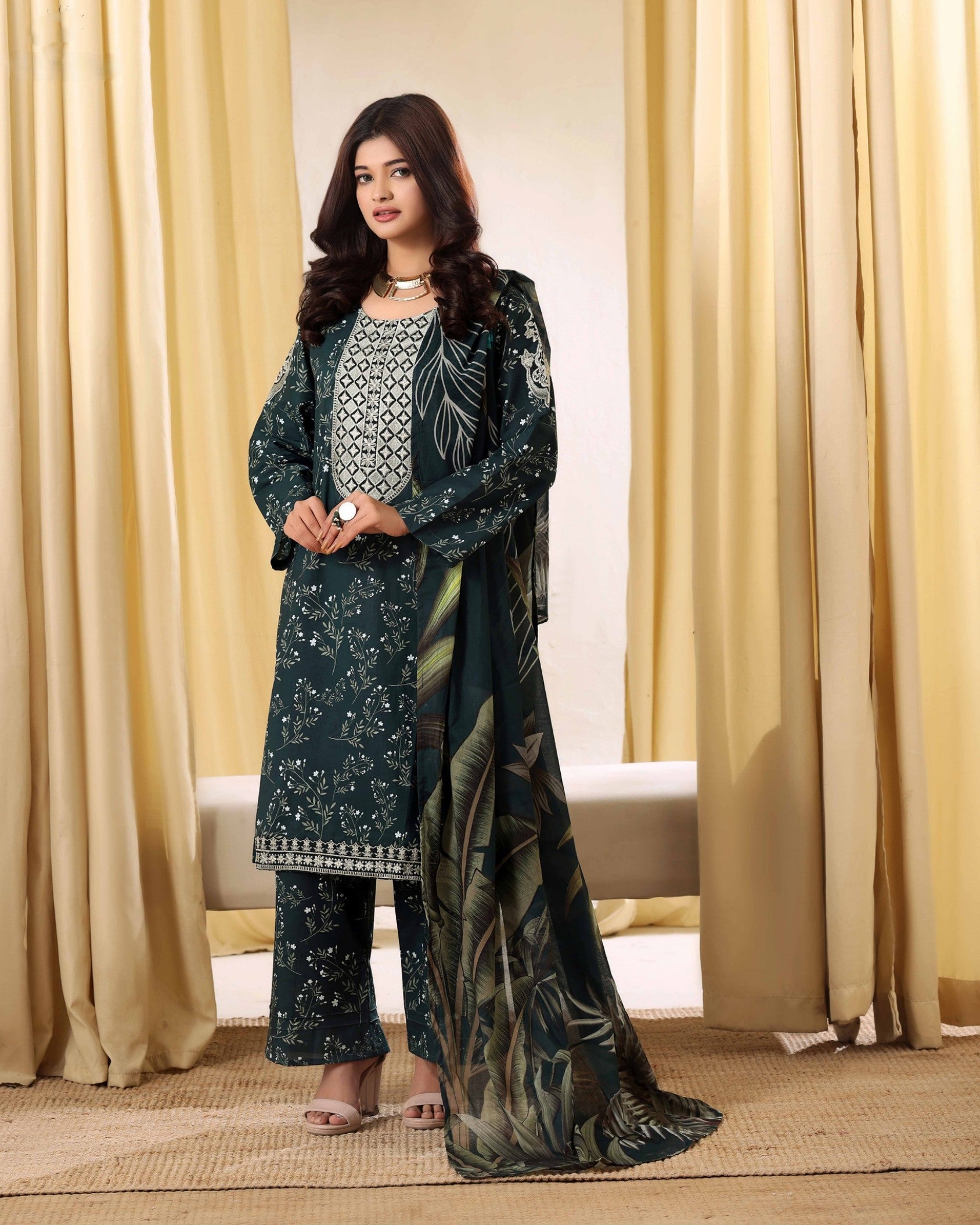 Teal Elegance Embroidered 3-Piece Suit
