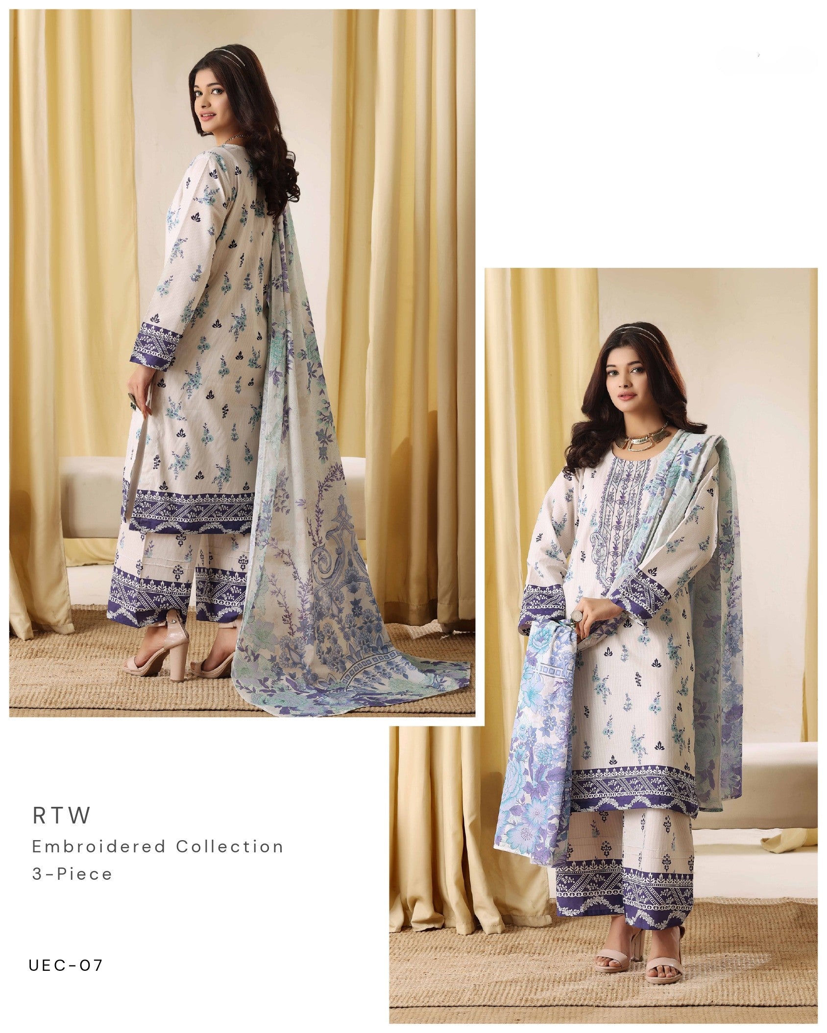 Azure Bloom Embroidered 3-Piece Suit