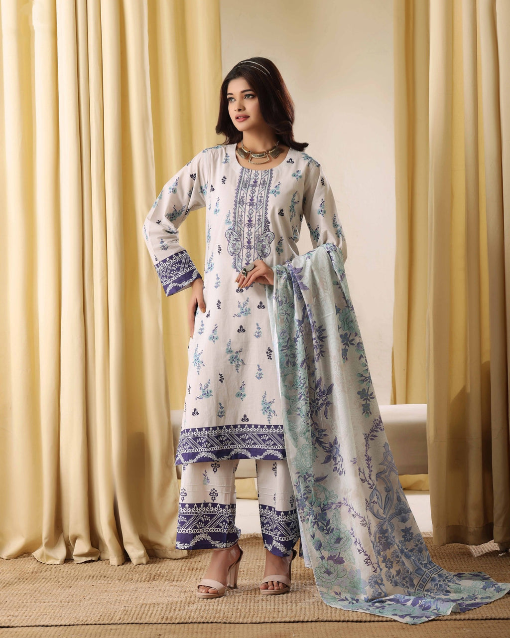 Azure Bloom Embroidered 3-Piece Suit